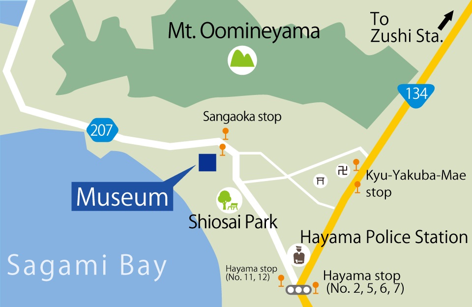 map of detour bus route around hayama museum.