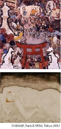 ［上］朝井閑右衛門《祭（1）》1977年　当館蔵/［下］藤田嗣治《モンパルナスのキキ》1926年　当館蔵